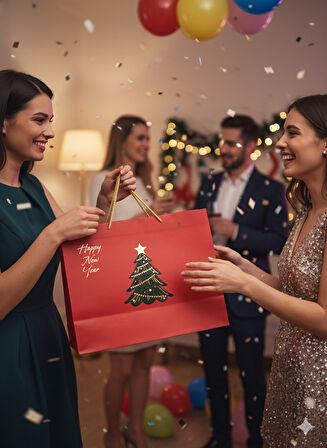 44x34.5x18 cm – Kırmızı Çam Ağacı Varaklı Lüks Karton Hediye Çantası Büyük Boy Özel Sunum Çantası