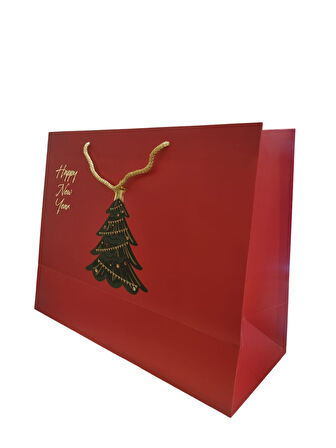 44x34.5x18 cm – Kırmızı Çam Ağacı Varaklı Lüks Karton Hediye Çantası Büyük Boy Özel Sunum Çantası