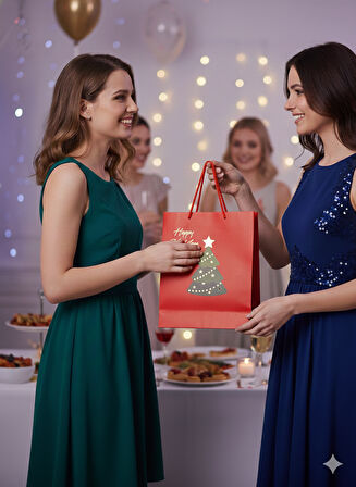 33x31.5x14 cm – Kırmızı Çam Ağacı Varaklı Lüks Karton Hediye Çantası Büyük Boy Özel Sunum Çantası