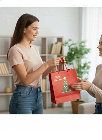 33x31.5x14 cm – Kırmızı Çam Ağacı Varaklı Lüks Karton Hediye Çantası Büyük Boy Özel Sunum Çantası