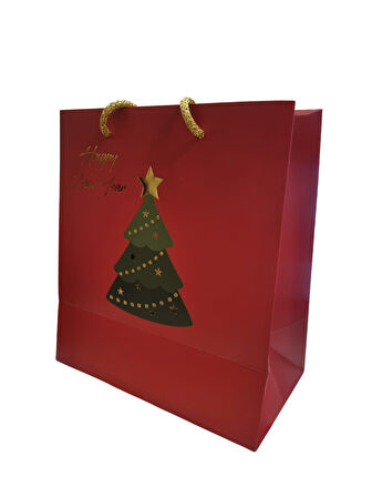 33x31.5x14 cm – Kırmızı Çam Ağacı Varaklı Lüks Karton Hediye Çantası Büyük Boy Özel Sunum Çantası