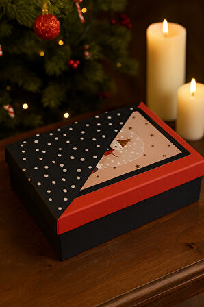 16×23×9 cm Kırmızı Siyah Puantiyeli Kartlı Cepli Dikdörtgen Lüks Yılbaşı Hediyelik Kutu