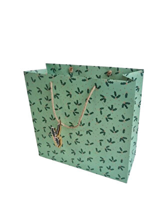 33×32×14 cm Yeşil Yaprak Desenli Varaklı Lüks Yılbaşı Hediyelik Karton Çanta
