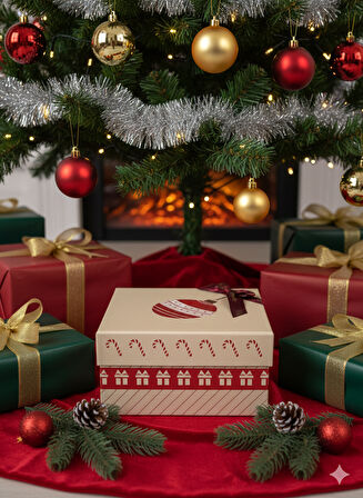 21×21×10.5 cm Soren No:5 Kare Hediye Kutusu – Yılbaşı Dekoratif Hediye Paketi