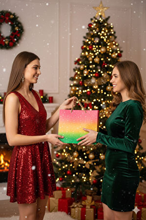 33×32×14 cm Yıldızlı Renk Geçişli Lüks Yılbaşı Hediyelik Karton Çanta