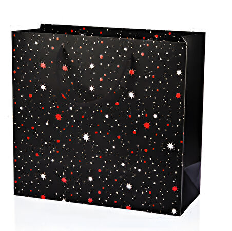 33×14×31,5 cm Siyah Üst Yıldız Puantiye Desenli Lüks Hediyelik Karton Çanta