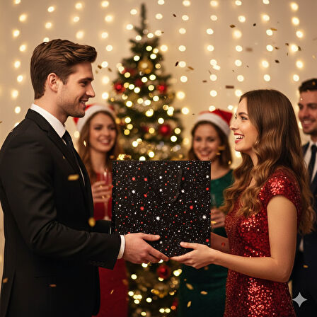 33×14×31,5 cm Siyah Üst Yıldız Puantiye Desenli Lüks Hediyelik Karton Çanta