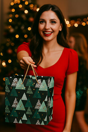 21×24×12 cm Çam Ağaçlı Shapes B4 Lüks Yılbaşı Hediyelik Karton Çanta