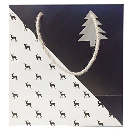 21×24×12 cm Siyah Beyaz Geyikli Cavita B4 Lüks Yılbaşı Hediyelik Karton Çanta