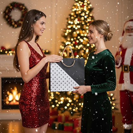 44×35×18 cm Kartaneli Siyah Beyaz Hasır Saplı Pleksi Figürlü Cavita B6 Lüks Yılbaşı Hediyelik Çanta