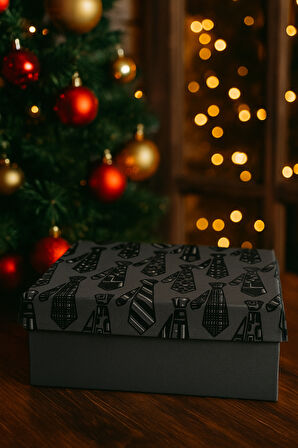 20×28,5×9 cm Kadife Dokulu Kravat Görselli Siyah Zemin Lüks Erkeğe Özel Hediye Kutusu