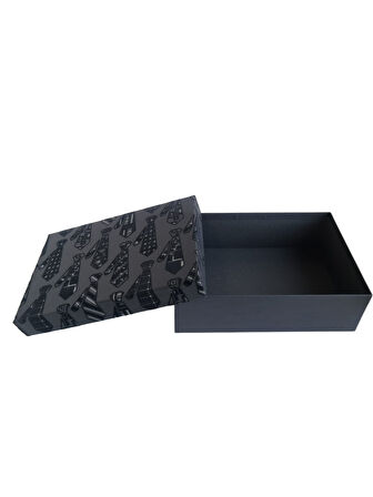 20×28,5×9 cm Kadife Dokulu Kravat Görselli Siyah Zemin Lüks Erkeğe Özel Hediye Kutusu