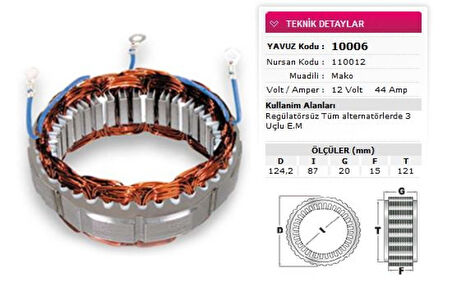 Fiat Stator Mako Tip 12v 44a 3 Uclu Em Nursan 110012 - Yavuz 10 006