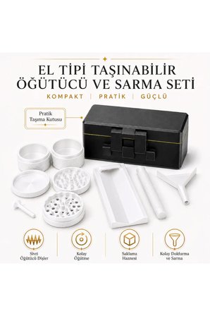 Arvina Atelier El Tipi Taşınabilir Tütün Öğütücü Grinder ve Sarma Seti Beyaz