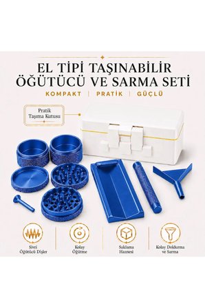 Arvina Atelier El Tipi Taşınabilir Tütün Öğütücü Grinder ve Sarma Seti Mavi