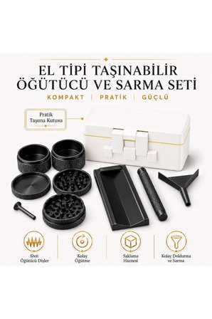 Arvina Atelier El Tipi Taşınabilir Tütün Öğütücü Grinder ve Sarma Seti Siyah