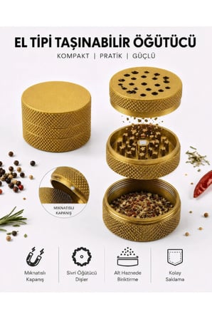 Arvina Atelier 3 Katmanlı Alt Hazneli Mini Tütün Öğütücü Grinder TOPGUN Tasarım Siyah