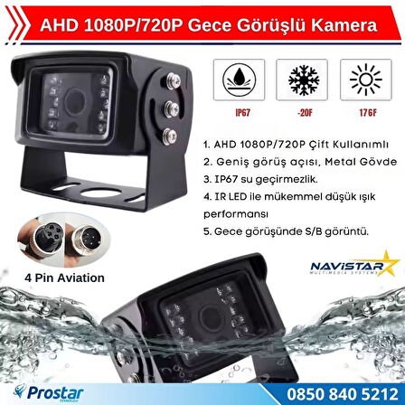AHD 1080P/720P Büyük Gece Görüşlü 4 Pin Soketli Kamyon Tır Otobüs Kamerası