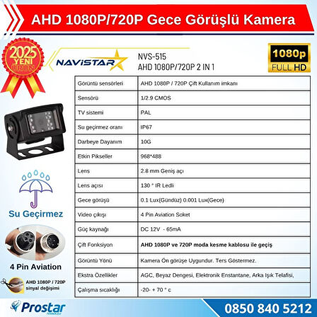 AHD 1080P/720P Büyük Gece Görüşlü 4 Pin Soketli Kamyon Tır Otobüs Kamerası