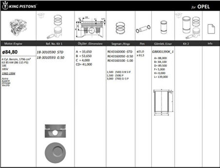 Opel Motor Piston+segmanı ( Riken )  84,80+stdmm Cap Astra Kadett Omega Vectra 18e-18sv R 4 Benzin, 1796 - Kingpiston 18-3010590