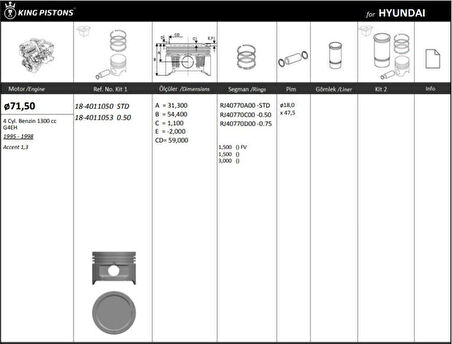 Hyundaı Motor Piston+segmanı ( Riken )  72,00+0,50mm Cap Accent 1,3 G4eh 4 Sil. Benzinli 1300 CC 95-98 - Kingpiston 18-4011053