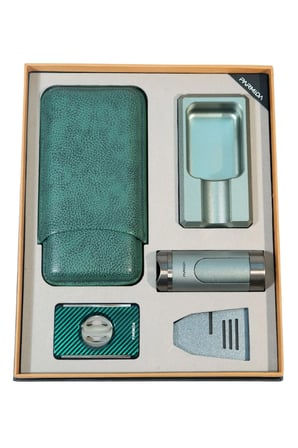 Parmida 3 Torch Masa Tipi Çakmak Küllük Kesici Sehpa Kılıf Yeşil Beşli Puro Seti TR9878