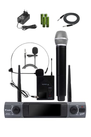 Westa WM-202HT Çift Telsiz Mikrofon Seti 1 El + 1 Yaka/Headset Kablosuz Mikrofon