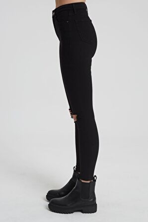 JUDY Siyah Yüksek Bel Dizi Kesikli Skinny Fit Jean Pantolon C 4521-012