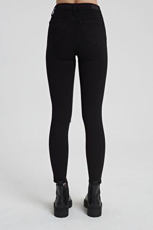 JUDY Siyah Yüksek Bel Dizi Kesikli Skinny Fit Jean Pantolon C 4521-012