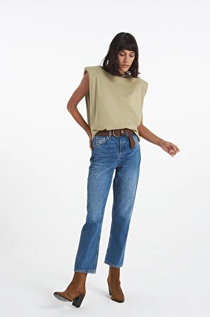 Eliza Cropped Orta Mavi  Yüksek Bel Straight Fit Düğmeli Jean Pantolon C 4518-053