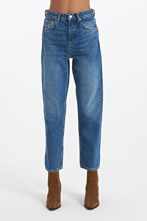 Eliza Cropped Orta Mavi  Yüksek Bel Straight Fit Düğmeli Jean Pantolon C 4518-053