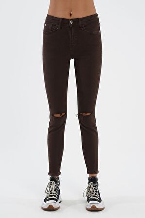 Judy Kahverengi Dizi Kesik Yüksek Bel Fermuarlı Skinny Fit Jean Pantolon C 4521-107