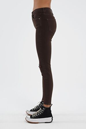 Judy Kahverengi Dizi Kesik Yüksek Bel Fermuarlı Skinny Fit Jean Pantolon C 4521-107