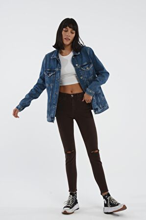 Judy Kahverengi Dizi Kesik Yüksek Bel Fermuarlı Skinny Fit Jean Pantolon C 4521-107
