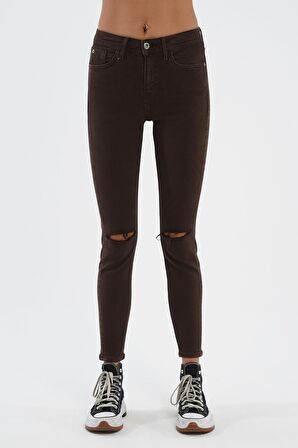 Judy Kahverengi Dizi Kesik Yüksek Bel Fermuarlı Skinny Fit Jean Pantolon C 4521-107