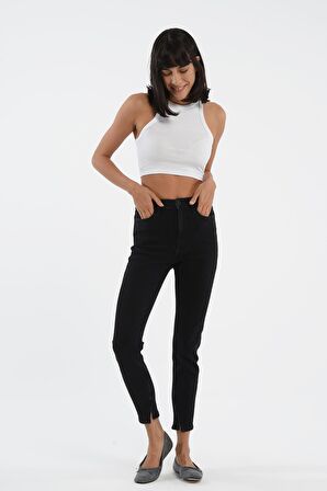 Judy Siyah Paçası Yırtmaçlı Yüksek Bel Fermuarlı Skinny Fit Jean Pantolon C 4521-108