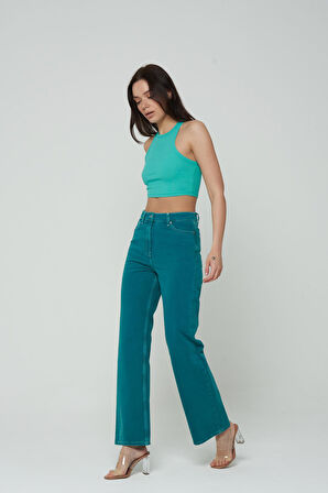 Diana Yeşil Dad Straight Fit Patı Fermuarlı Pantolon Jean C 4517-049