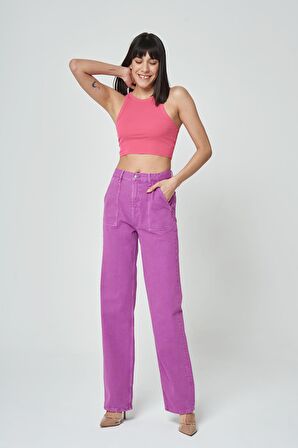 Diana Açık Mor Aplike Cep Detaylı Yüksek Bel Dad Straight Fit Fermuarlı Jean Pantolon C 4517-050