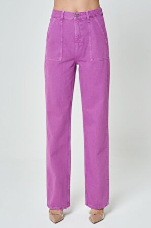 Diana Açık Mor Aplike Cep Detaylı Yüksek Bel Dad Straight Fit Fermuarlı Jean Pantolon C 4517-050