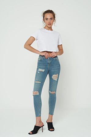 Judy Orta Mavi Yüksek Bel Fermuarlı Yıpratmalı Jean Pantolon C 4521-126