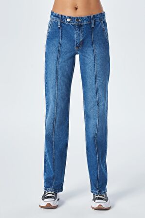  Orta Mavi  Düşük Bel Nervürlü Fermuarlı Relax Fit Jean Pantolon C 4805-005