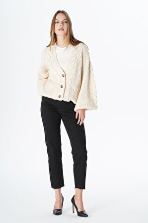 Elıza Cropped Siyah Paçası Kesikli Straight Fit Fermuarlı Jean Pantolon C 4518-071