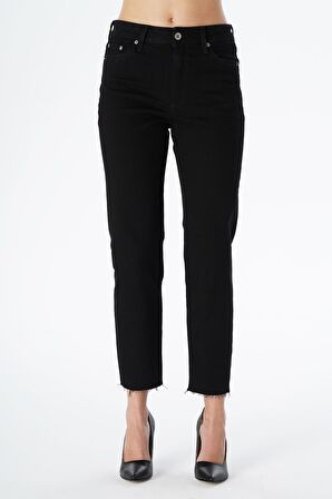 Elıza Cropped Siyah Paçası Kesikli Straight Fit Fermuarlı Jean Pantolon C 4518-071