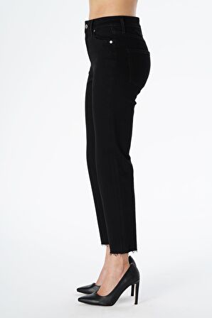 Elıza Cropped Siyah Paçası Kesikli Straight Fit Fermuarlı Jean Pantolon C 4518-071