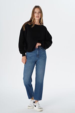 Elıza Cropped Orta Mavi Straight Fit Fermuarlı Jean Pantolon C 4518-078