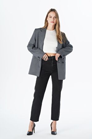 Elıza Cropped Siyah Yıkamalı Paçası Kesikli Straight Fit Fermuarlı Jean Pantolon C 4518-079