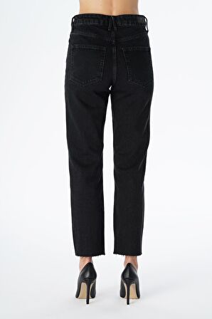 Elıza Cropped Siyah Yıkamalı Paçası Kesikli Straight Fit Fermuarlı Jean Pantolon C 4518-079