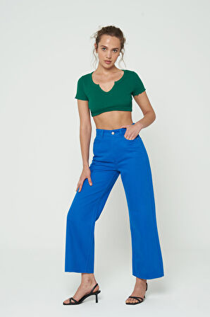 Weslie Mavi Yüksek Bel Fermuarlı Cropped  Wideleg Fit Jean Pantolon  C 4530-053