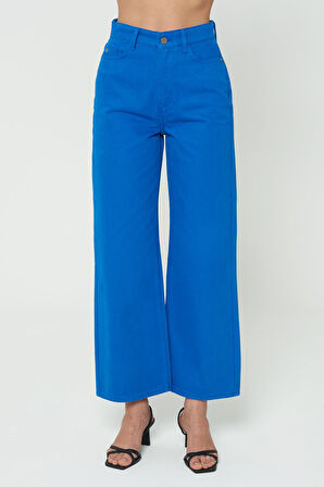  Weslie Mavi Yüksek Bel Fermuarlı Cropped  Wideleg Fit Jean Pantolon  C 4530-053