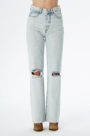 Weslie Açık Mavi Yüksek Bel Yıpratmalı Düğmeli Wideleg Fit Jean Pantolon C 4530-064